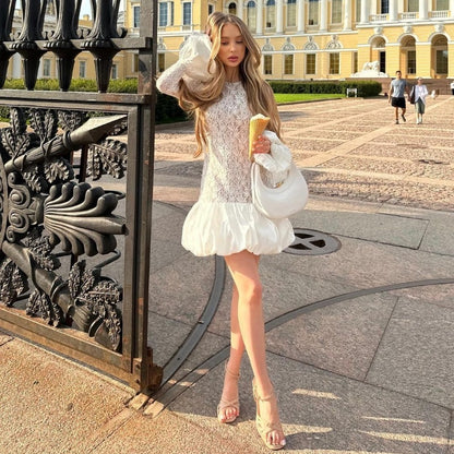 Women's Clothing Fashion Long Sleeve See-through Lace Dress