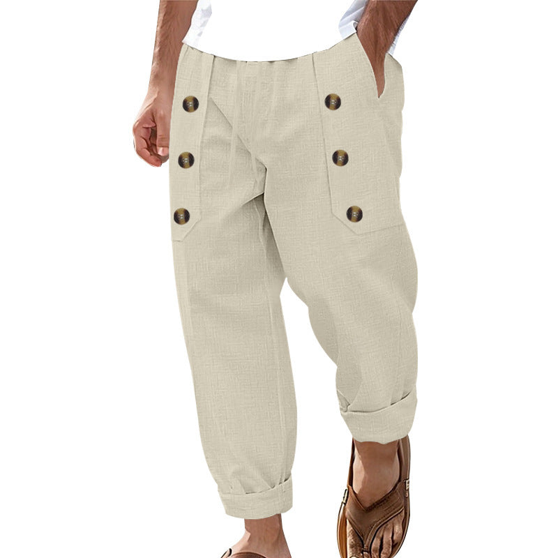 Hawaii Beach Men's Cotton And Linen Trousers With Multiple Buttons