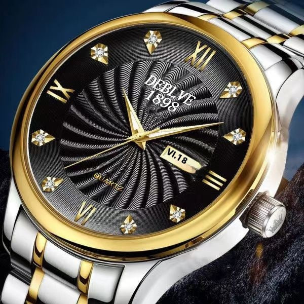 Fashion Alloy Steel Belt Waterproof Luminous Men's Dual Calendar Watch