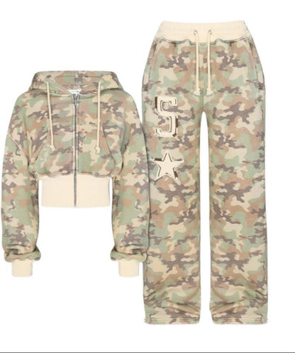 Women's Camouflage Cardigan Long Sleeve Pants Suit