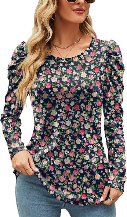 Printed Round Neck Long Sleeve Waist Top