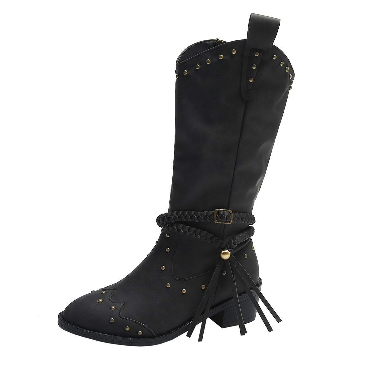 Women's Simple Pointed Rivets Thick Heel Mid Heel Long Tube Tassel Boots