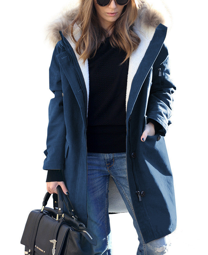 Women's Loose Extended Fur Collar Hooded Overcoat