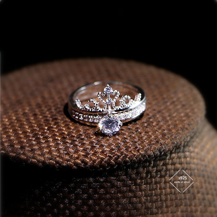 S925 Sterling Silver Crown Double Layer Zircon Open Ring