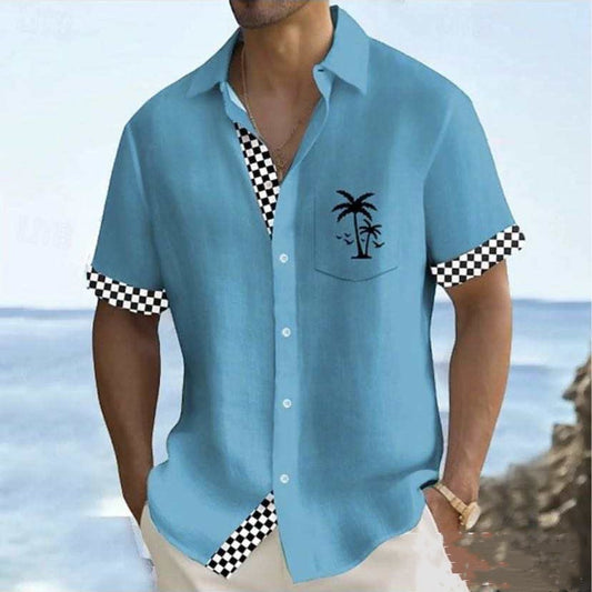 Geometric Stripe Element Coconut Tree Printed Shirt Men