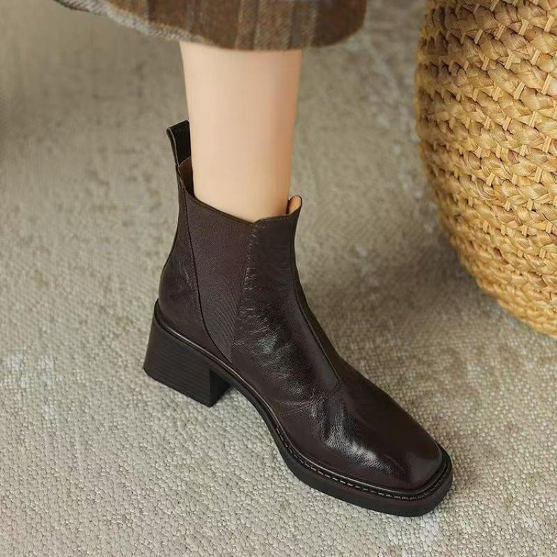 Women's Soft Leather Chunky Heel French Boots