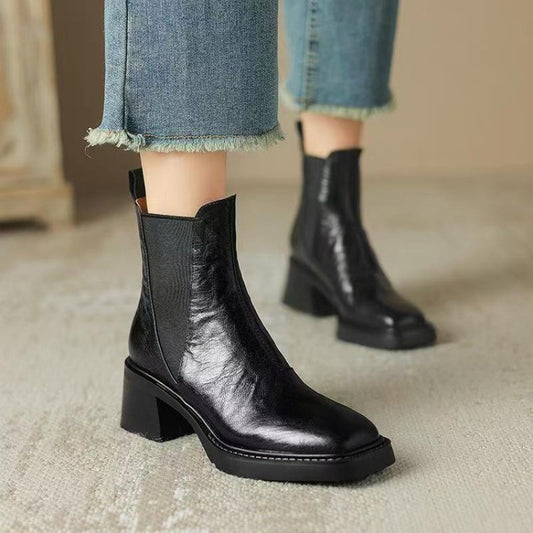 Women's Soft Leather Chunky Heel French Boots