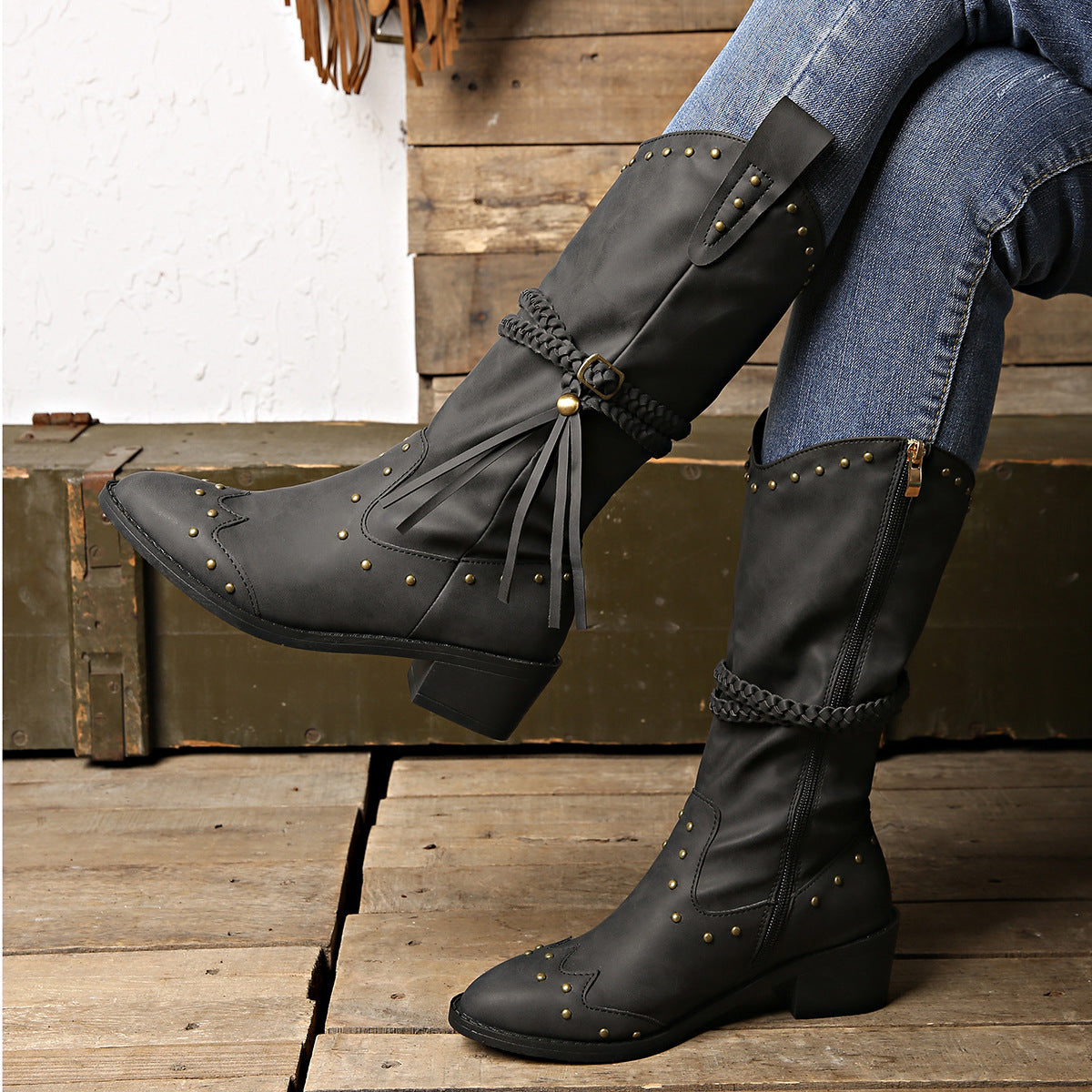 Women's Simple Pointed Rivets Thick Heel Mid Heel Long Tube Tassel Boots