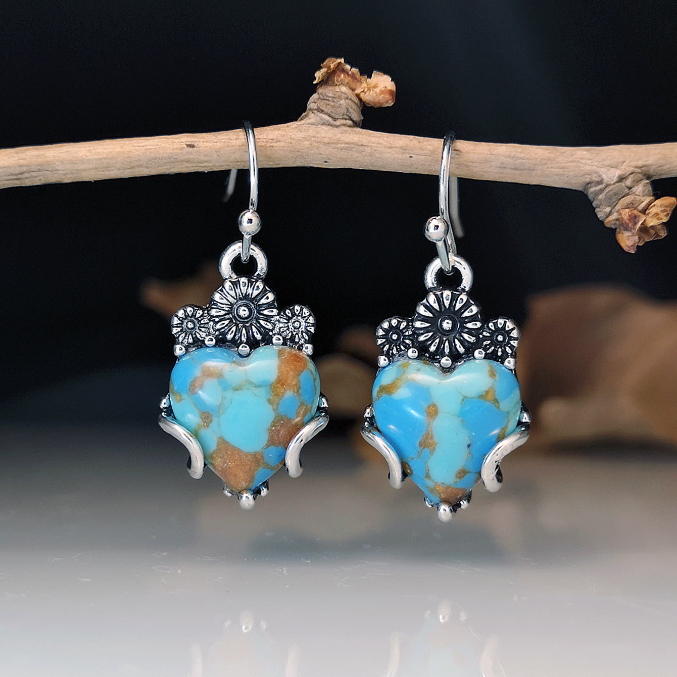 Vintage Floral And Heart-shaped Turquoise Earrings