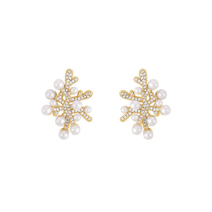 Sterling Silver Needle Coral Pearl Zircon Light Luxury Temperament Female Earrings