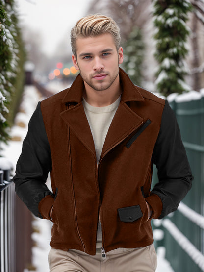 PU Leather Patchwork Wool Lapel Color Matching Men's Jacket