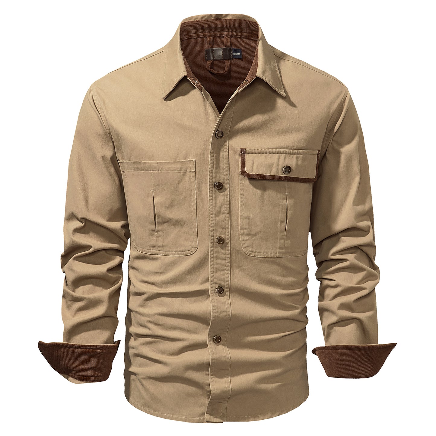 Washed Cotton Plus Size Solid Color Polo Collar Men's Long Sleeve Shirt