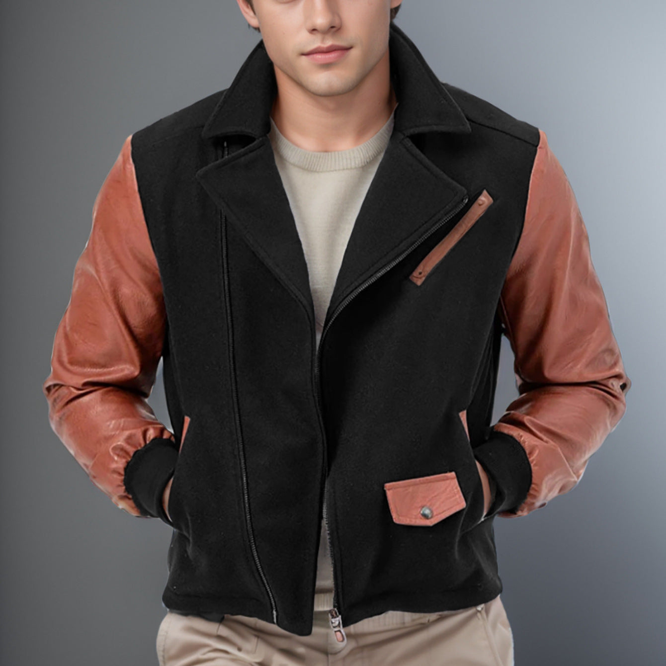 PU Leather Patchwork Wool Lapel Color Matching Men's Jacket