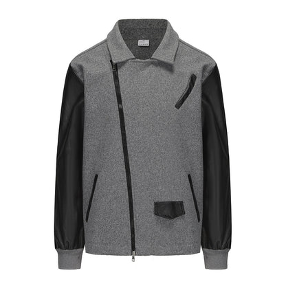 PU Leather Patchwork Wool Lapel Color Matching Men's Jacket