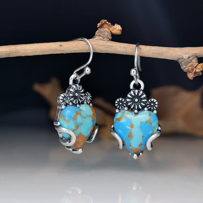 Vintage Floral And Heart-shaped Turquoise Earrings