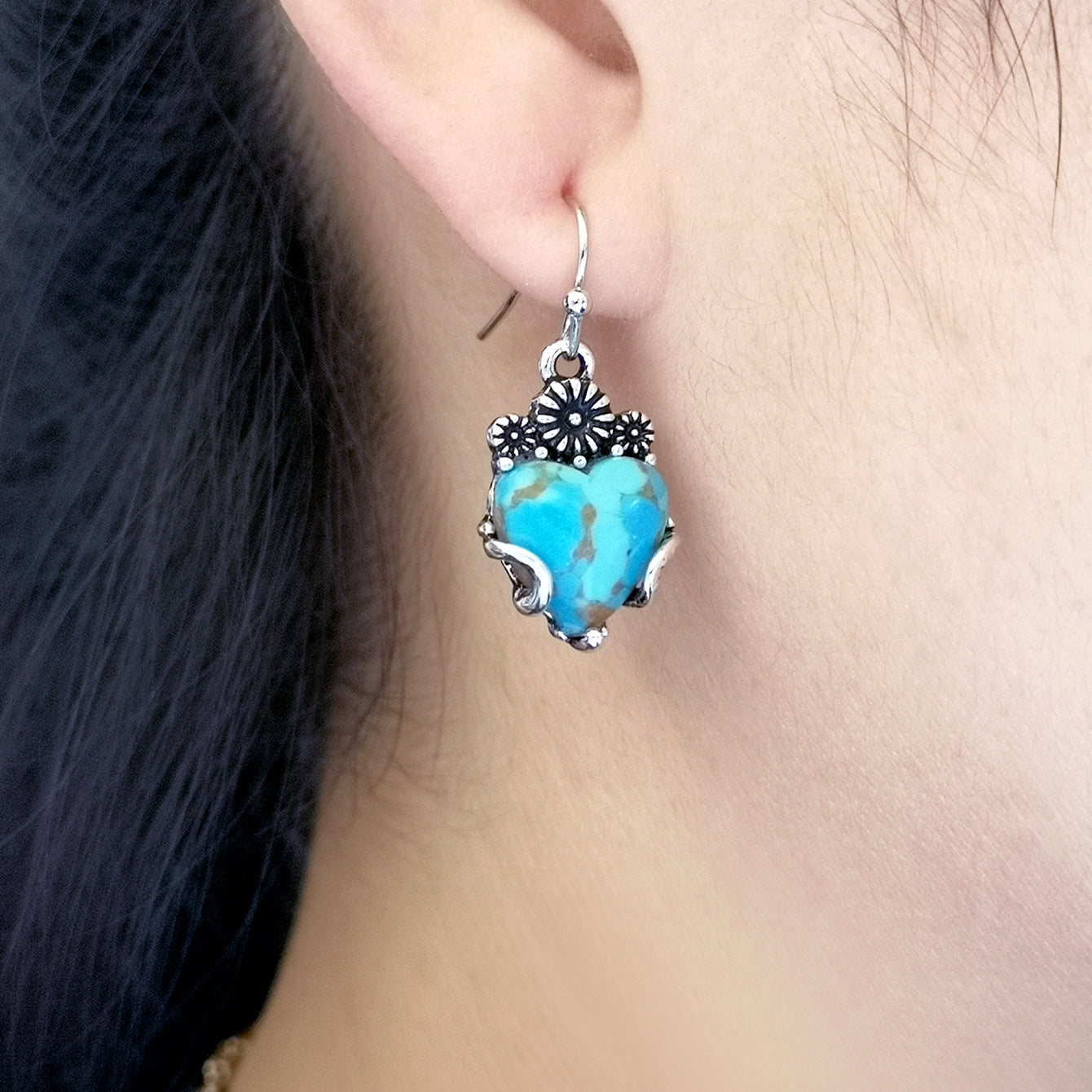 Vintage Floral And Heart-shaped Turquoise Earrings