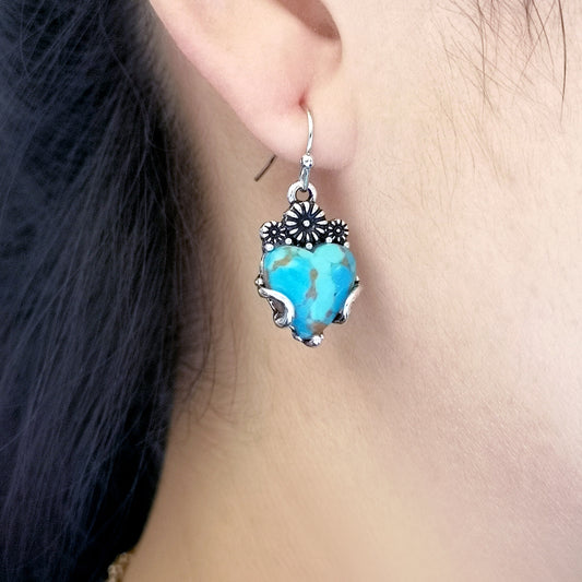 Vintage Floral And Heart-shaped Turquoise Earrings