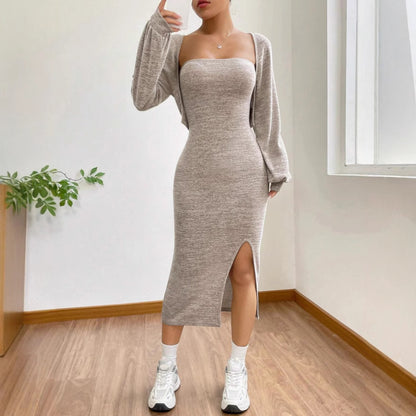 Fashionable Knitted Split Tube Top Suit