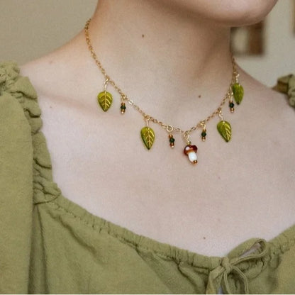 Leaf Mushroom Old Wind Beads Stitching Necklace