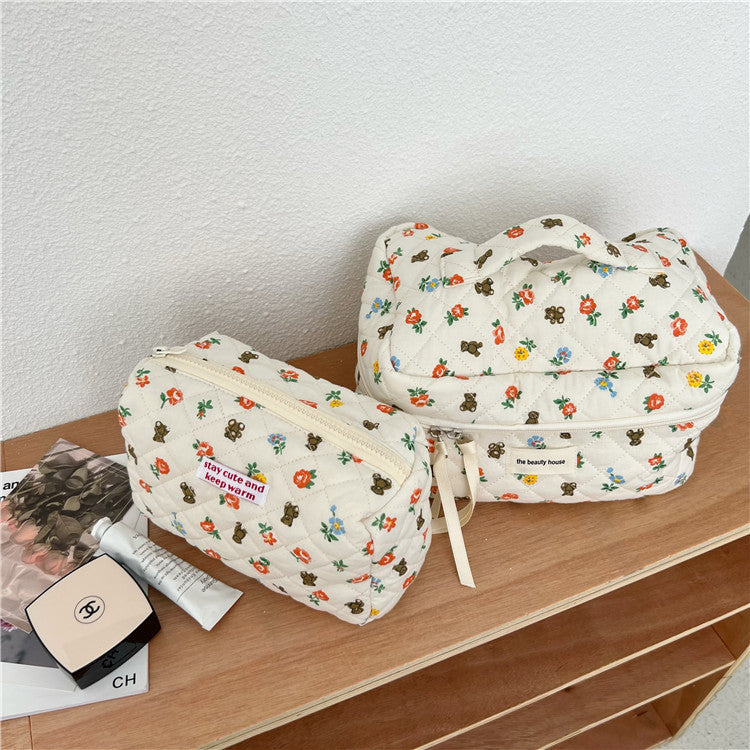 Women's Fashion Cartoon Bear Flower Cosmetic Bag