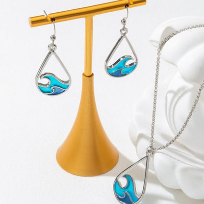 Tidal Blue Stainless Steel Necklace And Earrings Suite