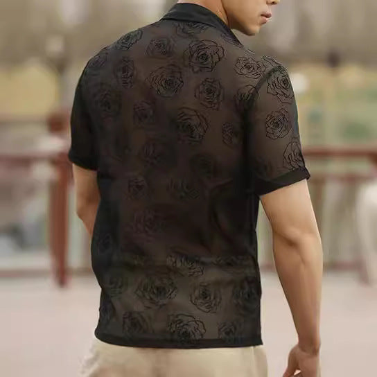 Men's Rose Flower Mesh See-through Button Short Sleeve