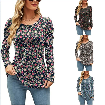 Printed Round Neck Long Sleeve Waist Top