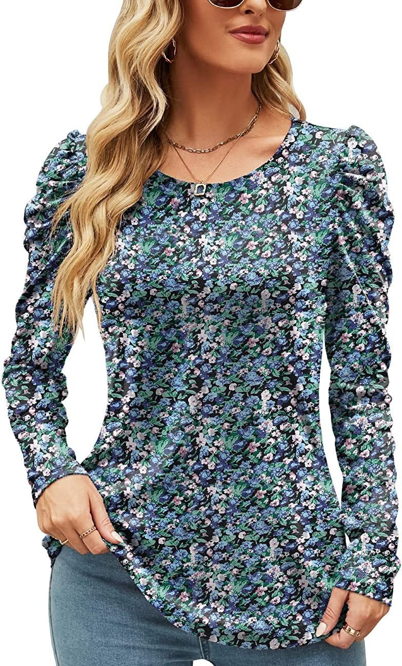 Printed Round Neck Long Sleeve Waist Top