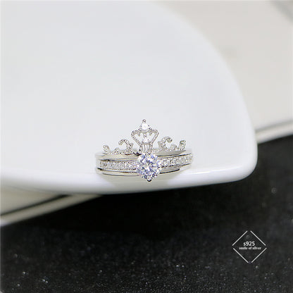 S925 Sterling Silver Crown Double Layer Zircon Open Ring